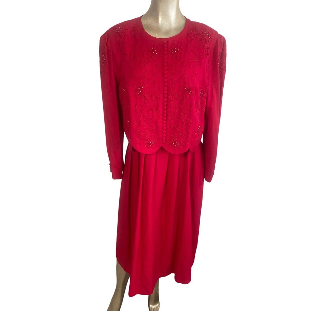 Vintage Plaza South Petites Red Dress Jacket Overlay Soutache Beaded 12P